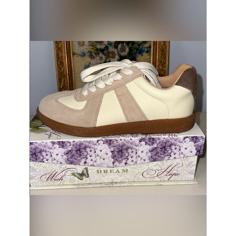 BeauToday 6.5 Ivory Tan Leather Retro German Army Trainer Patchwork Design